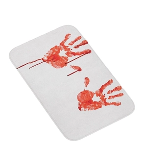 Halloween bloody handprint faux cashmere bath mat with red stains on white fabric