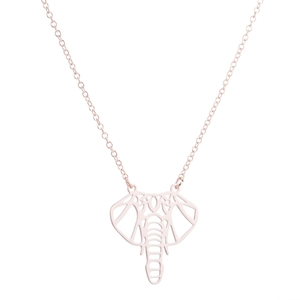 Detailed view of geometric origami elephant pendant in polished rose gold finish