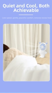 Mini cat desk fan with blue deer antlers shown in a sunny bedroom setting for cooling