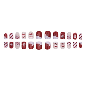 24pcs Christmas press-on nails set with Santa Claus and snowflake patterns in red and white