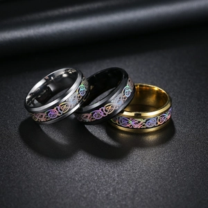 Titanium steel men's rings featuring colorful Celtic dragon patterns in silver, gold, and black