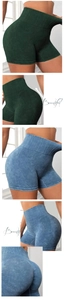 Detailed view of high waisted honeycomb pattern butt lift shorts in dark green and blue