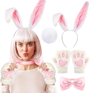 Detail view of pink and white plush bunny ears, paws, and satin accessories set