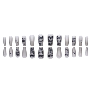 Long ice-clear press-on nails with grey-silver gradient and black English graffiti