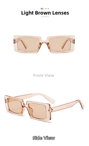 Detail view of transparent light tea rectangular sunglasses with frame specifications