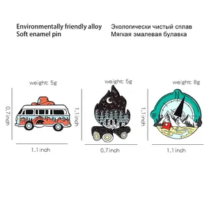Detail showing eco-friendly alloy camping pins with soft enamel finish and precise sizes