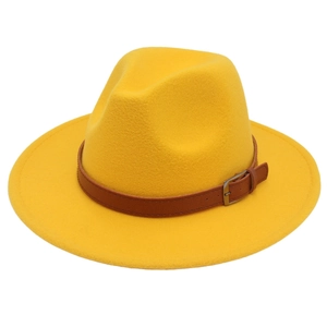 Classic yellow wide-brim felt fedora hat featuring a brown leather band and silver buckle