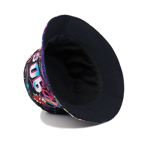 90S retro printed bucket hat featuring pop art graphics and black inner lining