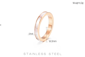 Detailed close-up of 3mm rose gold stainless steel ring with white shell inlay