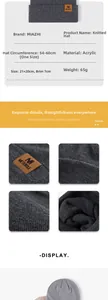 Size chart and macro detail of grey knit beanie featuring METERULE leather label