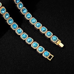 Hip hop style gold link chain necklace with square blue diamonds and iced out rhinestones