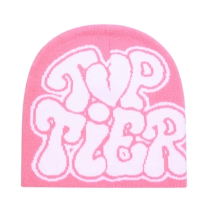 Pink winter knitted beanie with white Top Tier jacquard lettering on a white background