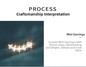 Detail of mini curved sterling silver stud earrings with five sparkling cubic zirconia stones