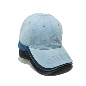 Three washed denim baseball caps with R letter embroidery in light blue, dark blue and black