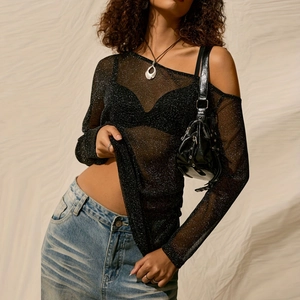 Haut chic noir transparent à manches longues avec paillettes et col bateau