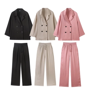 Women's casual 2-piece lounge set with double-breasted blazer and pleated texture pants