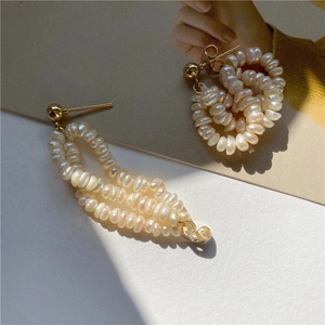Vintage Baroque natural freshwater pearl multilayer earrings with gold ball studs