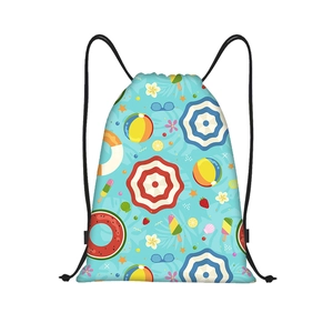 Close-up of summer beach pattern on durable oxford drawstring backpack with thick straps