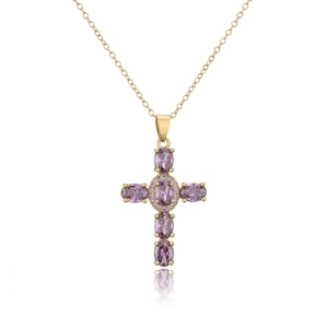 Detail of cross pendant with oval purple gemstones and gold-plated chain