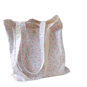 Floral cotton canvas tote bag with pink and blue flower prints for daily shopping