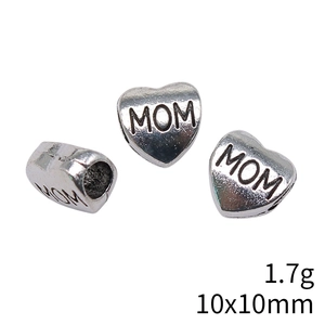 Silver heart-shaped large hole bead engraved with MOM, size 10x10mm, weight 1.7g for jewelry