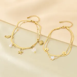 Bracelet De Cheville Double Couche En Acier Inoxydable Pour Femmes Or Coquillage Hippocampe Étoile De Mer Künstliche Perle