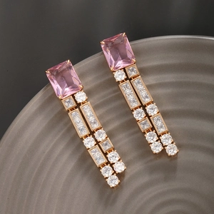 Elegant rose gold copper earrings with pink rectangular zircon and white crystal accents