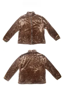 Detail of men's brown fleece jacket showing front and back views with full zip stand collar
