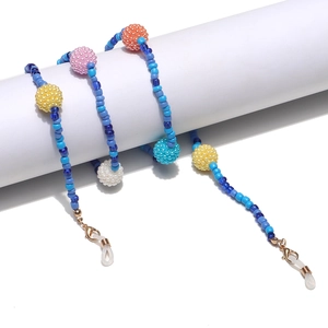 Handmade colorful beaded eyeglass chain with large mixed-color spheres and golden lobster clasps