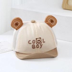 Detailed embroidery of Cool Boy text and cute bear ears on breathable baby sun hat