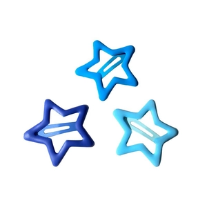 Set of three matte blue star hair clips with gradient shades on white background