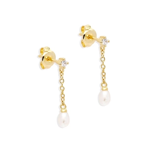 Detail of S925 silver tassel earrings with round crystals and elegant teardrop pearls