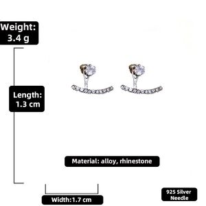 Detail view of rhinestone silver needle stud earrings with 1.3cm by 1.7cm dimensions