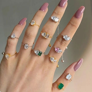Adjustable Chain Ring Copper Zircon Heart Drop Oval Geometric Dainty Minimalist Stackable Finger Jewelry For Women