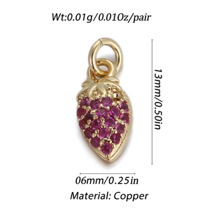 Detail of 14k gold-plated copper strawberry pendant with pink gemstone and dimensions