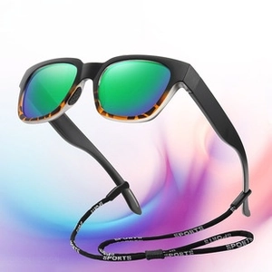 Detail view of polarized sports sunglasses with green reflective lenses and sports neck cord