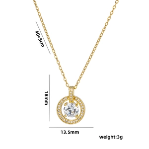 Gold circle necklace with zircon pendant measuring 18mm by 13.5mm on white background