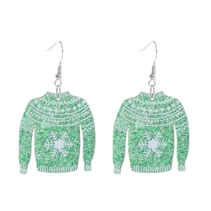 Macro detail of green Christmas sweater earrings with glitter snowflakes and silver hooks