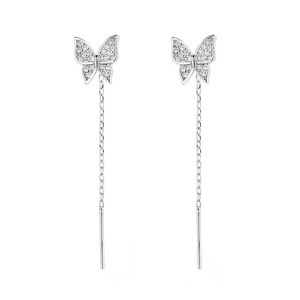 Elegant silver butterfly long threader earrings with sparkling pavé cubic zirconia