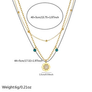 Detail view of gold-plated double-layer necklace with flower pendant and size measurements