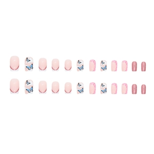 Pink glitter press-on nails set with sweet butterfly designs and French glitter tips