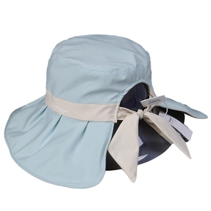 Light blue wide brim UV sun hat for women with bow detail and ponytail opening