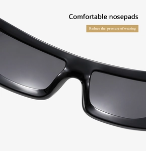 Close-up of comfortable integrated nosepads on stylish square cyberpunk sunglasses