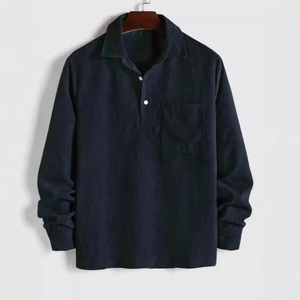 Camisa de pana azul marino de manga larga con bolsillo frontal para hombre