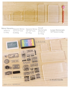 Clear acrylic blocks for DIY stamps in various sizes displayed on a wooden surface
