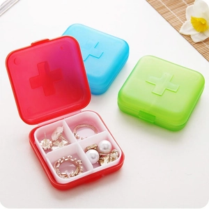 Portable 4-compartment storage case set for pills or jewelry in red, blue, and green colors