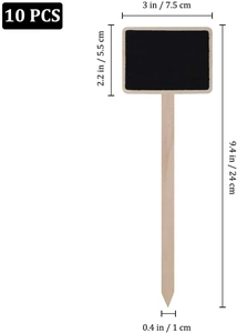 Set of 10 mini wooden chalkboard signs with plant name labels and product dimensions