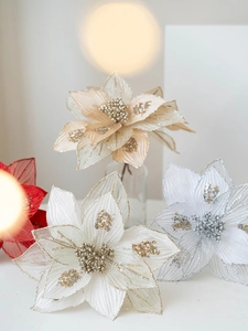 Macro detail of artificial Christmas flower with sequins and glitter for festive decoration