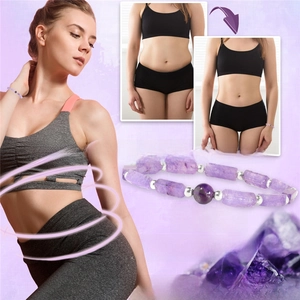 Detail view of natural amethyst bead bracelet with purple rectangular stones and metal spacers