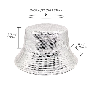 Silver metallic grid bucket hat with dimensions 56-58cm circumference and 6cm brim